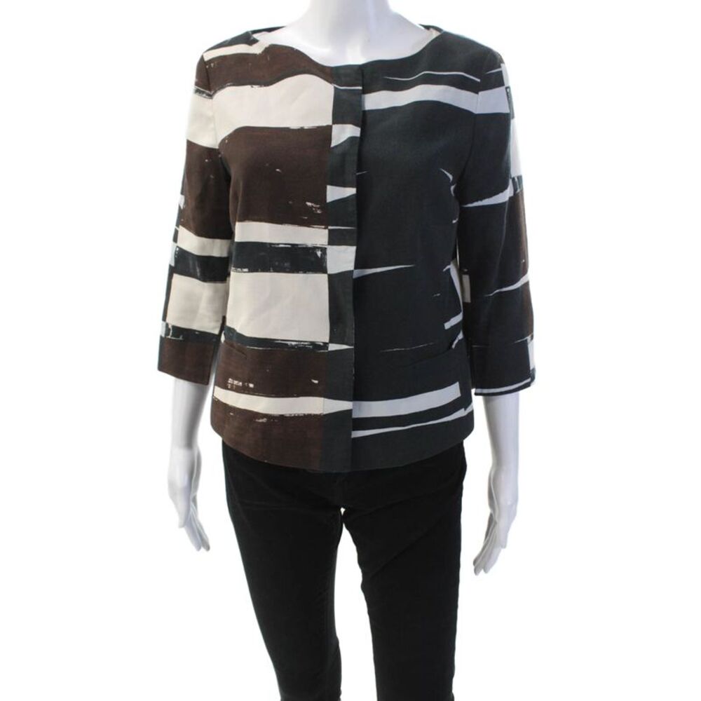Akris Punto Womens Button Up 3/4 Sleeve Abstract Jacket White Brown Navy Size 10
